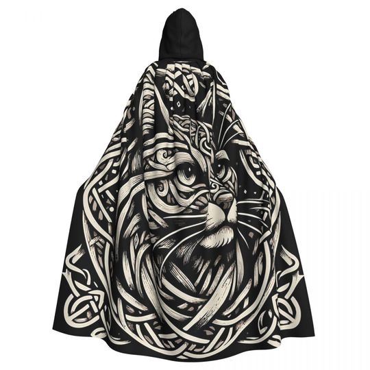 Discover Celtic Knot Cat Long Hooded Cloak, Halloween Cosplay Costume