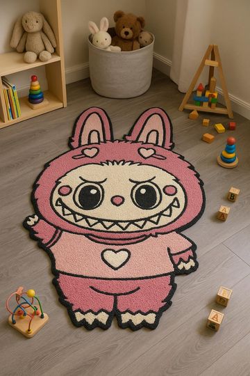 Discover Labubu Tufted Rug for Kids Room  Handmade Cartoon Character Rug  Playroom Carpet  Cute Pink Monster Area Rug  Rug for Game Room