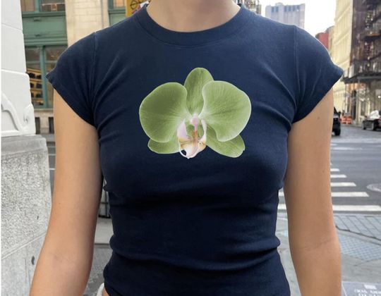 Discover Matcha Green Orchid Baby Tee, Floral Lover Shirt, Graphic Flower Tee, Alternative Indie T-Shirt