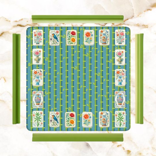 Discover Mahjong Mat With Mahjong Tile Floral Designs, Green, Blue Bamboo Designed Preppy Mahj Game Night Mat