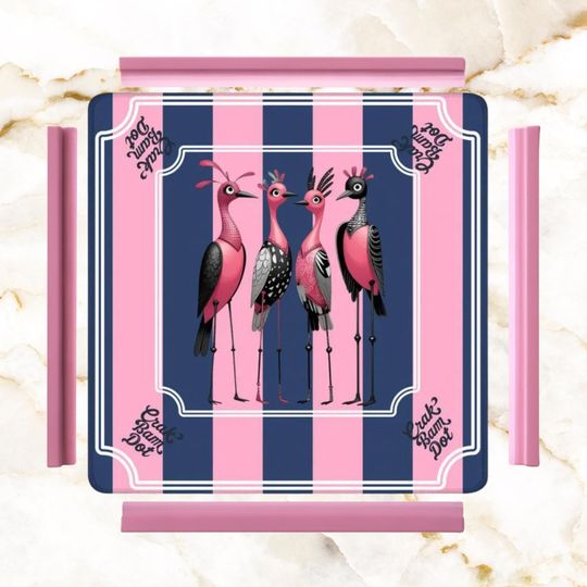 Discover Funny Mahjong Mat, Crak Bam Dot Blue, Pink Striped Preppy Quirky Bird Queens Mahj Game Night Mat
