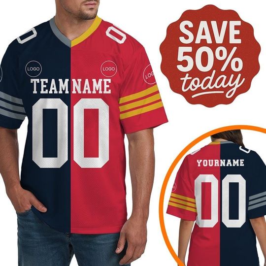 Discover Cusotmized Two Team American Football Red And Navy Jersey, Custom Logo Split Uniform Football Jersey, V-neck Football Jersey 28725DN4
