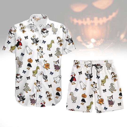 Discover Halloween Duck Button Shirt/Shorts, Cute Goose Halloween Hawaii Shirt