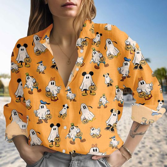 Discover Halloween Mickeyy and Friends Linen-Look Shirt, Pumpkin Trick or Treat Blouse Shirt