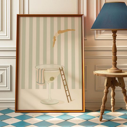 Discover Martini Diver Poster Print – Retro Cocktail Wall Decor with Sage Green Stripes – Elegant Martini & Pool Lovers Art