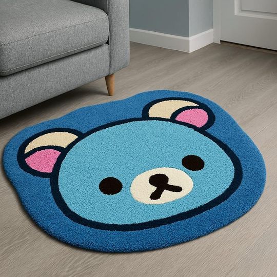 Discover Blue Bear Face Rug  Cute Kawaii Animal Hand-Tufted Carpet for Kids Room, Nursery & Playroom, Soft Cartoon Floor Mat