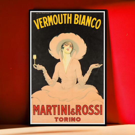 Discover Martini & Rossi Vermouth Bianco Poster Torino Vintage Italian Bar Art Deco Retro Drink Decor