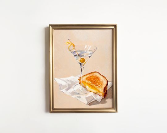Discover Martini and Grilled Cheese Poster, Food and Beverage Decor, Cocktail Bar Artwork