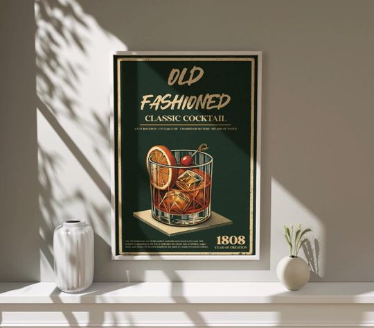 Discover Vintage Whiskey Poster, Old Fashioned Cocktail Art