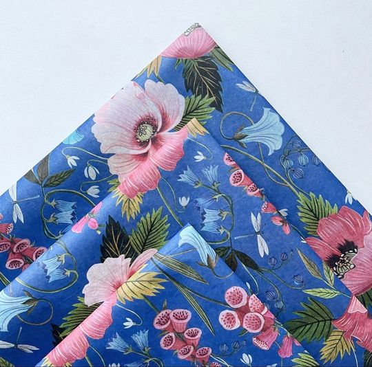 Discover NIGHT GARDEN 156 In Stock Tissue Sheets gift present wrap craft supply retail store packaging diy Flower floral blue pink poppy moody