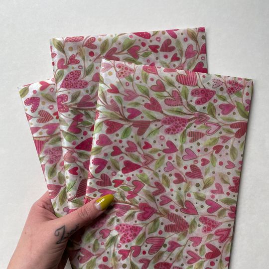 Discover LOVE GROWS 152 In Stock Tissue Sheets gift present wrap craft supply retail store packaging pink heart vines Valentines Day birthday shower