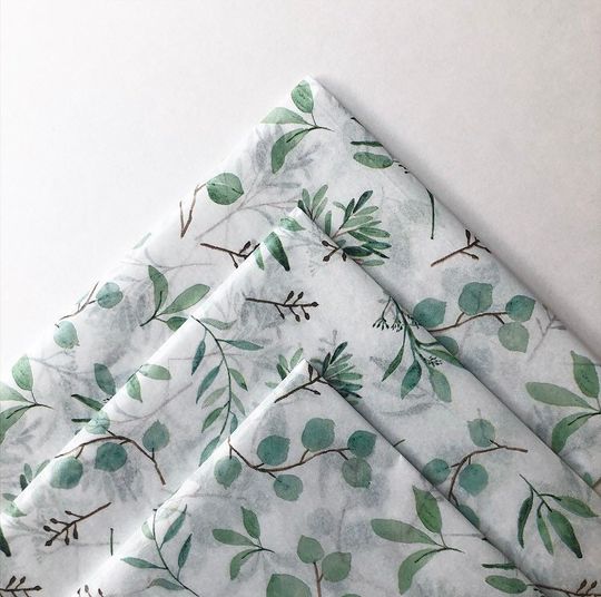Discover EUCALYPTUS SPRIG 247 In Stock Tissue Sheets gift present wrapping craft supply retail store packaging DIY leaves green white plants vintage