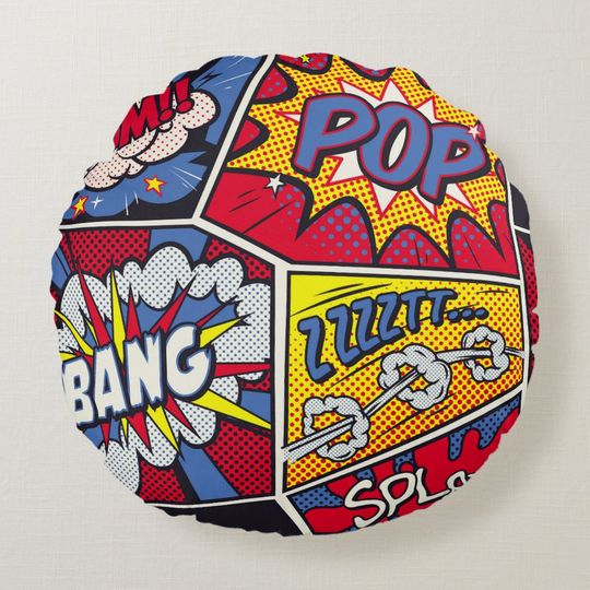 Discover Retro pop art, comic shout pattern. round pillow