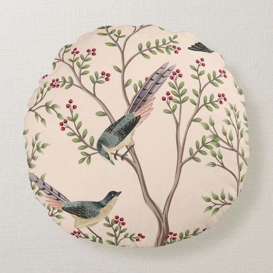 Discover Vintage garden tree, bird floral seamless pattern  round pillow