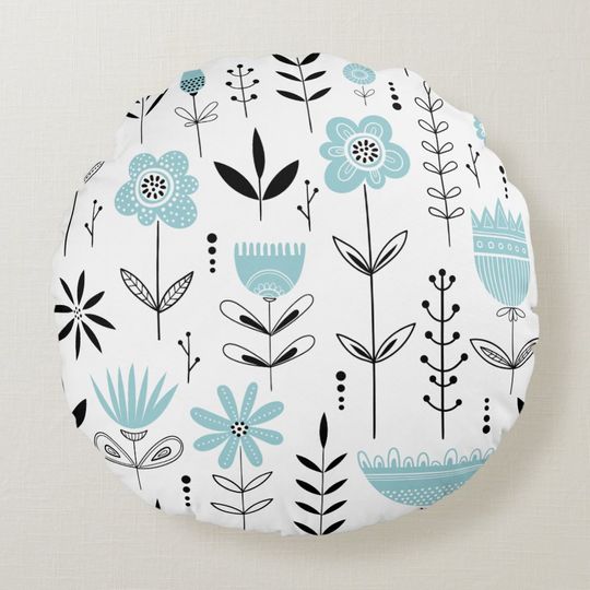 Discover Blue Scandinavian Floral Pattern Round Pillow