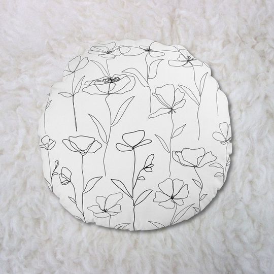 Discover Poppy Wildflower Black and White Minimal Floral Round Pillow