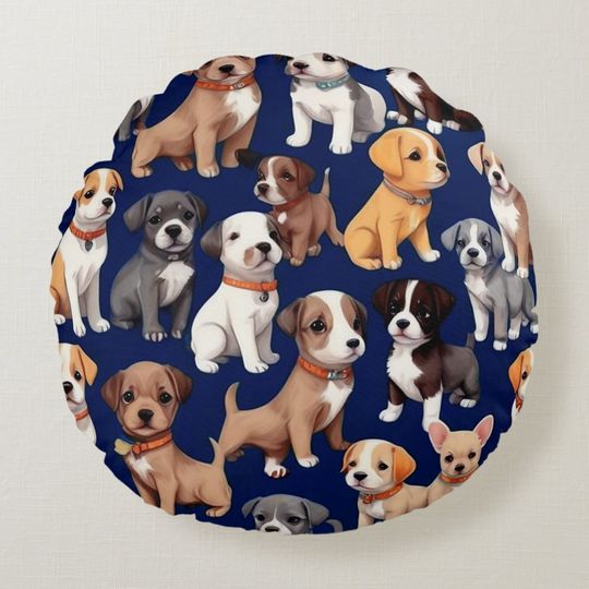 Discover Puppy Dog Navy Blue Pattern Design Round Pillow