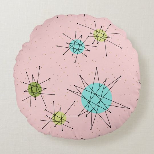 Discover Pink Iconic Atomic Starbursts Round Pillow