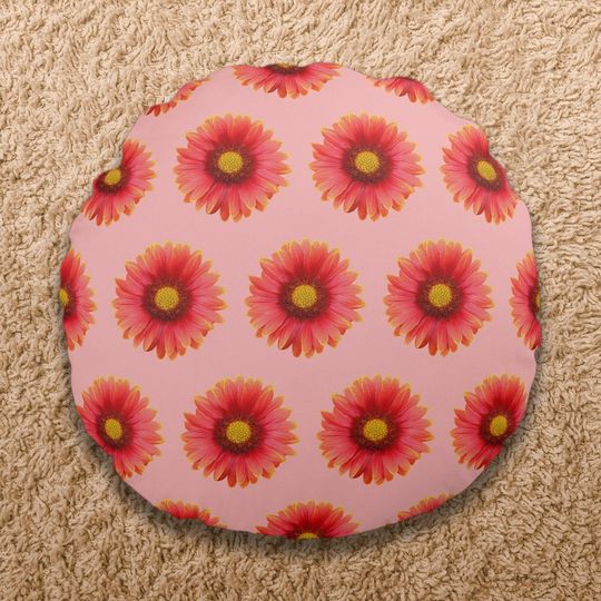 Discover Red Daisy Flower Seamless Pattern on Round Pillow