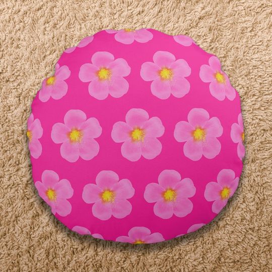 Discover Pink Moss Rose Flower Seamless Pattern on Round Pillow