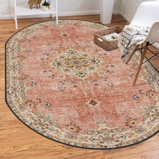 Discover Vintage Style Oval Rug, Antique Look Teppich, Salmon Non-Slip Bohemian Rugom