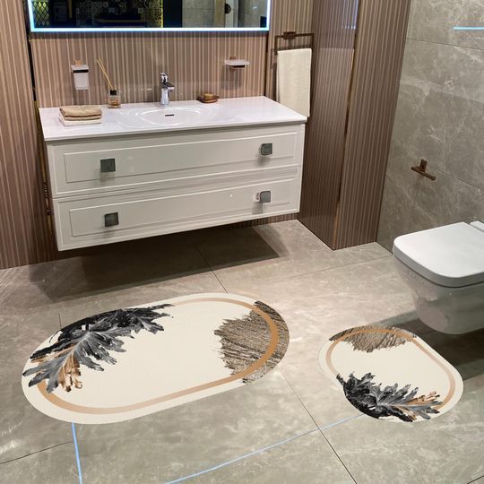 Discover Beige and Gold Leaf Design Oval Rug, Modern Bathroom Decor