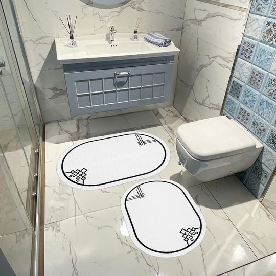Discover Minimalist Black and White Oval Rug, Modern Bathroom Decor