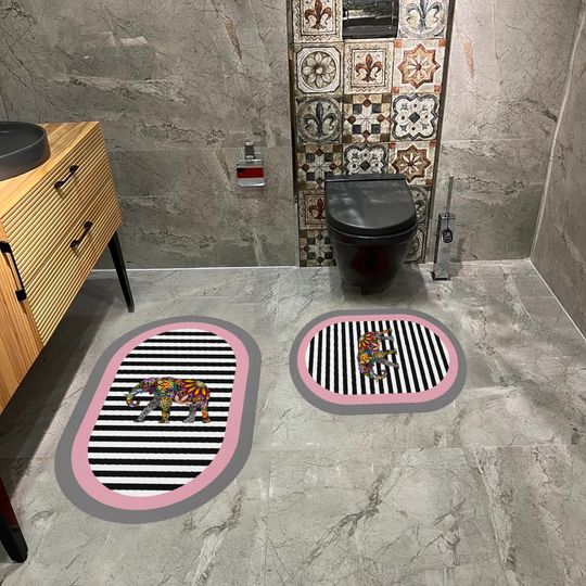 Discover Colorful Elephant Print Oval Rug, Modern Bathroom Decor