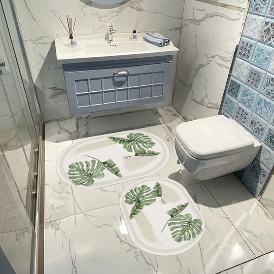 Discover Green Monstera Leaf Design Oval Rug, Modern Bathroom Decor