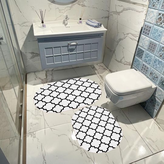 Discover White and Black Moroccan Design Oval Rug, Modern Bathroom Decor