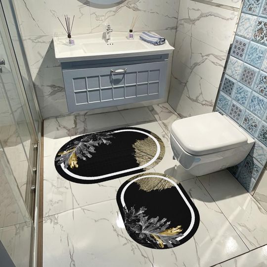 Discover Black and Gold Leaf Design Oval Rug, Modern Bathroom Decor