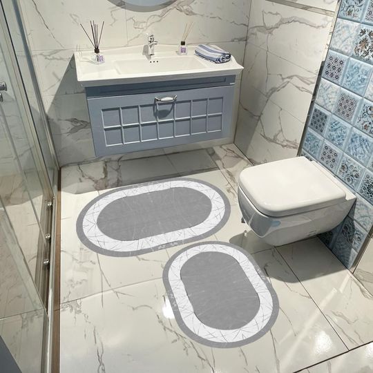 Discover Modern Gray Bathroom Rug Set, 2-Piece Non-Slip Water Absorbent Bathroom Mats, Washable Minimalist Oval Design Bath Rugs for Bathroom Decor