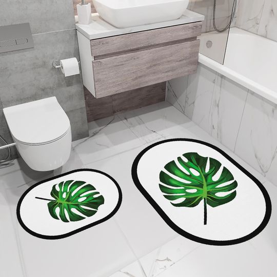 Discover Tropical Leaf Bathroom Rug Set, 2-Piece Monstera Bath Mat Set, Soft Non-Slip Water-Absorbent Bathroom Carpets, Modern Botanical Home Decor