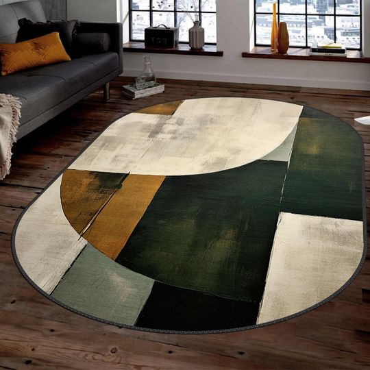 Discover Mid Century Oval Boho Rug, Contemporary Abstract Oval Rug, Modern Minimalist Rug