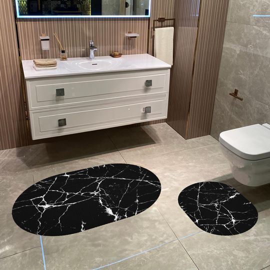 Discover Black Marble Bathroom Rug, Luxury Modern Oval Rugs