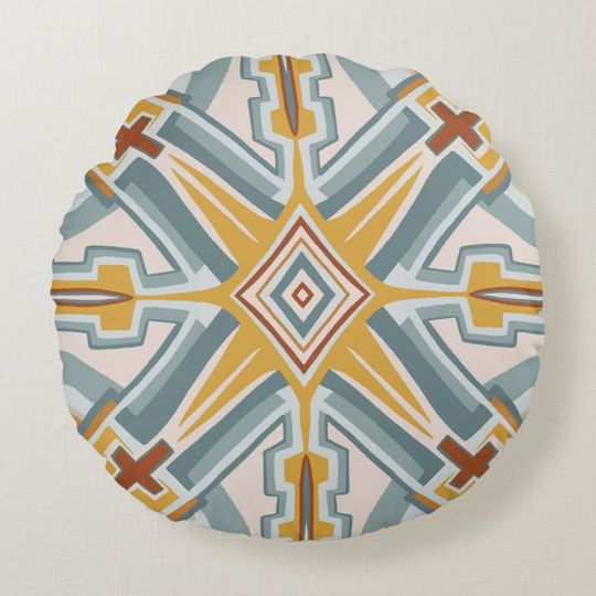 Discover Santa Fe Tiles Boho Geometric  Pattern Chic Round Pillow