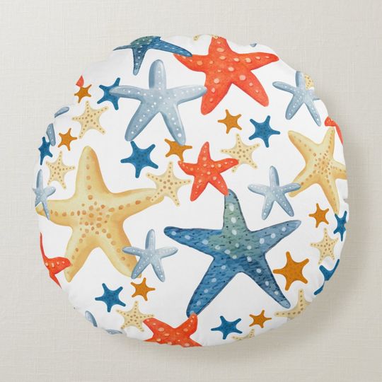 Discover Starfish Seashell Pattern Blue Orange Coastal Round Pillow