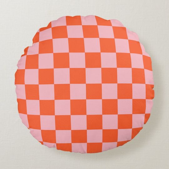 Discover Orange and Pink Checkerboard Pattern Round Pillow