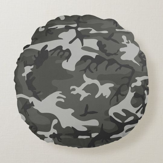 Discover Gray Camouflage Pattern, Military Pattern, Army Round Pillow