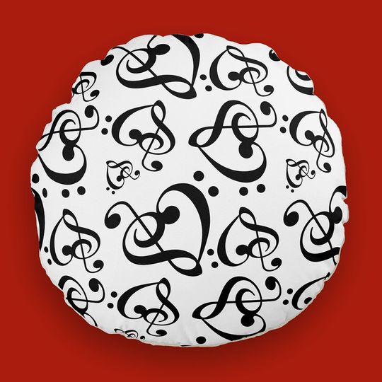 Discover Black White Treble Clef Heart music nout Pattern Round Pillow