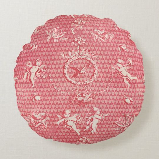 Discover Red Pink Antique Cupid Angels and Hearts Round Pillow