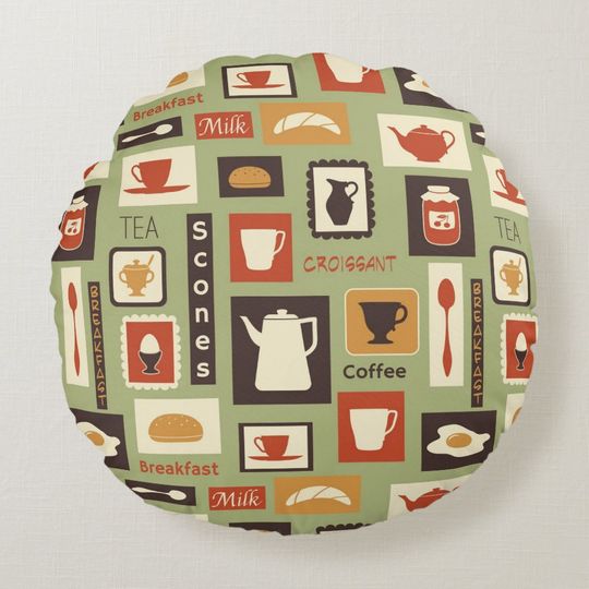 Discover Retro pattern with kitchen dishes for breakfast round pillow