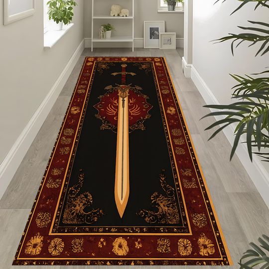 Discover Medieval Sword Runner Rug  Fantasy Warrior Carpet for Hallway, Gothic Home Decor, Black and Red Sword Design RUG