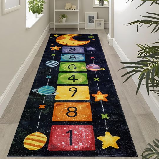 Discover Colorful Space Hopscotch Rug for Kids  Educational Galaxy Planets Carpet, Outer Space Game Mat for Playroom or Bedroom  RUG