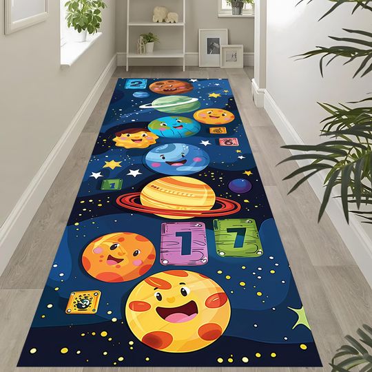 Discover Colorful Space Planets Runner Rug  Kids Outer Space Play Carpet with Numbers & Smiling Planets for Hallway or Bedroom RUG