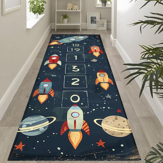 Discover Rocket Hopscotch Rug for Kids, Space Themed Runner Carpet with Planets & Numbers, Fun Educational Play Mat for Hallway RUGS