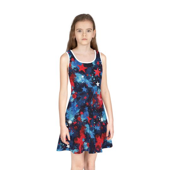 Discover Patriotic Star-Splashed Sundress for Girls, Summer Dress, Festival Outfit