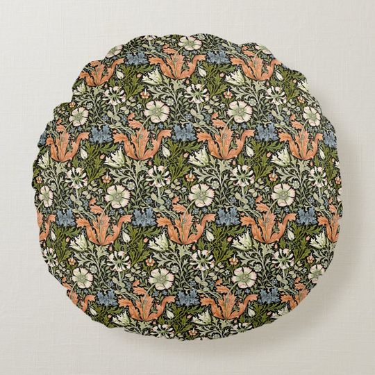 Discover Morris BlackBackground 1896 Compton Floral Pattern Round Pillow