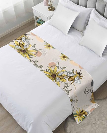 Discover Beige Floral Bee Bed Runner