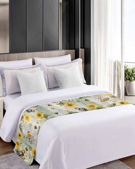 Discover Floral Bee,Bed Runner Scarf King Size,Luxury Bed Throw Runners & Scarves for Twin Full Queen King Foot of Bed,Bedroom Hotel Wedding Room Decoration,Vintage Yellow Sunflower Farmhouse Wood 94"x20"